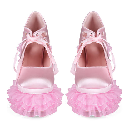 European And American Export Pink Pink Sweet Hottie Lolita Water Platform Lace Thick Heel Y2K Large Size 47 Women's High Heels
