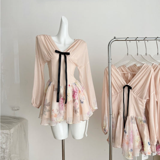In-Stock Hotdog Spicy Original Moon And Flower Festival Waist-Cinching Bow Delicate Elegant Women's Summer Dress