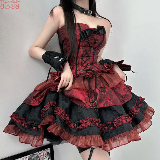 T8Y Vintage Lolita Skirt Design Sense Strapless Contrast Color Stitching Short Skirt Puff Sleeve Jacket Fashion Three-Piece Set