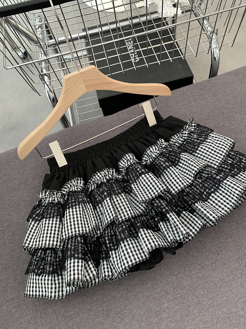 Omalai Plaid Cake Tutu Skirt High Waist Short Skirt Spliced With Lace Sweet And Cute Skirt 2376