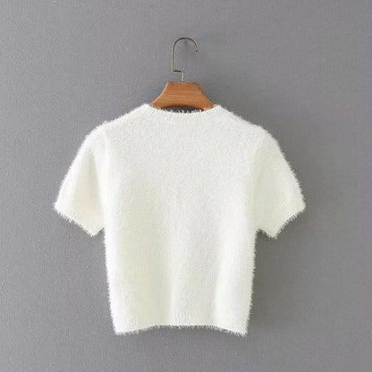 Sw103 New Autum Korean Style Slim Round Neck Heart Jacquard Plush Short-Sleeved Pullover Knitwear With Heart On The Chest