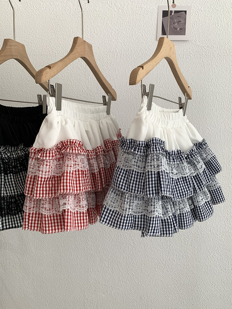Omalai Plaid Cake Tutu Skirt High Waist Short Skirt Spliced With Lace Sweet And Cute Skirt 2376