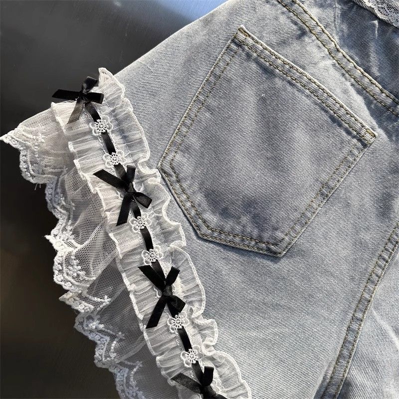 Spring And Summer 2025 New Lace Stitching Bow Decoration Denim Shorts Women's Slim-fit Slimming A- Shaped Wide-leg Hot Pants