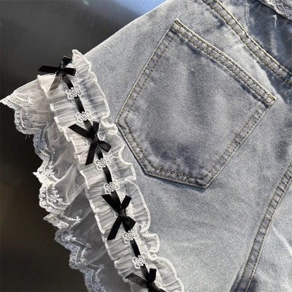 Spring And Summer 2025 New Lace Stitching Bow Decoration Denim Shorts Women's Slim-fit Slimming A- Shaped Wide-leg Hot Pants