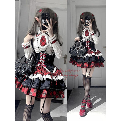 American Style Sweet And Spicy Sub-culture Style Heavy Industry Design Sense Contrast Shirt Belted High Waist Puffy Skirt Three-piece Set