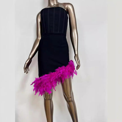 2024 New Independent Station European And American Women's Tube Top Corset Backless Irregular Feather Fishbone Bandage Dress