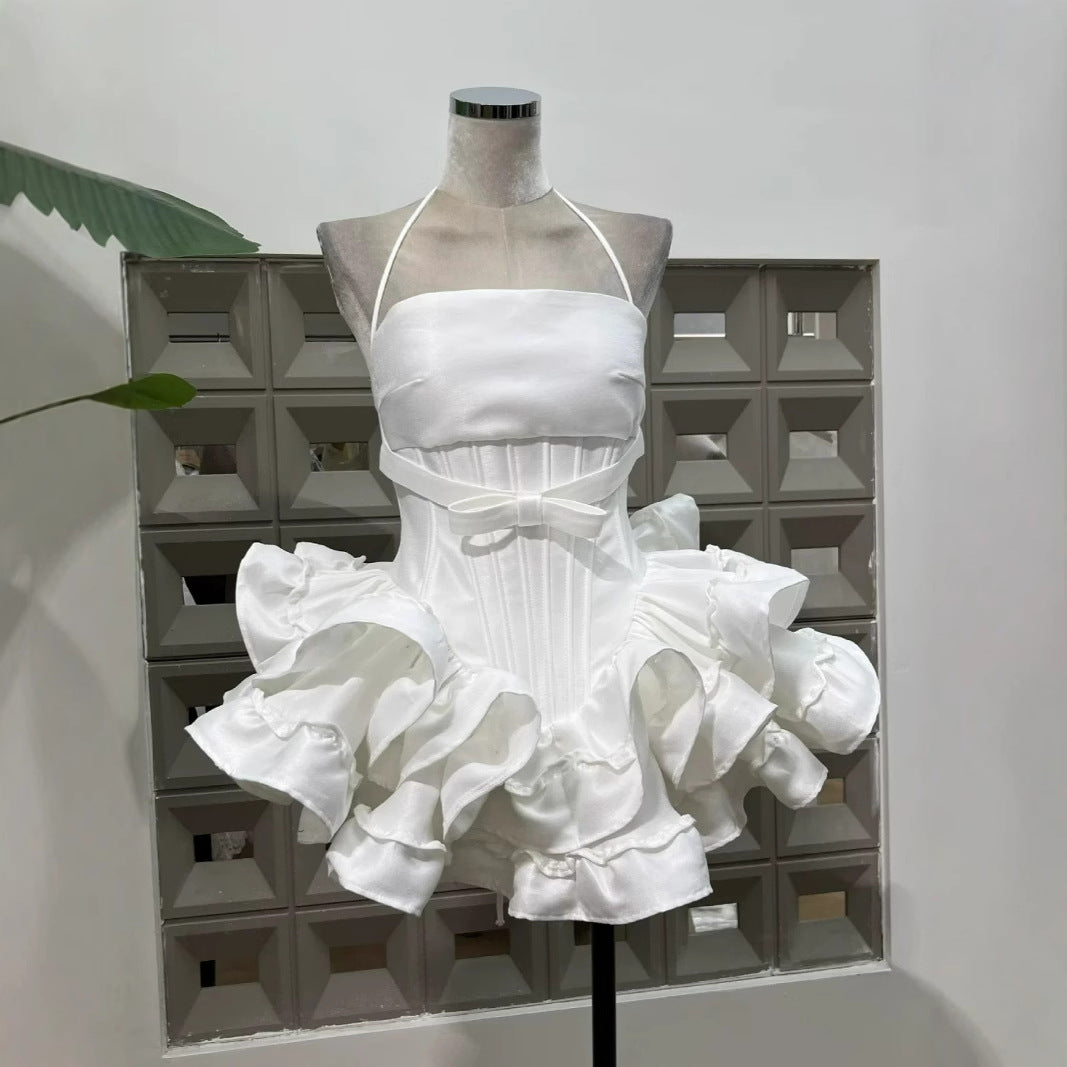 Vietnam Niche 25ss New Bow Puffy Fish Bone Ultra Short Cartoon Girls Lace-up Dress With Pumpkin Shorts
