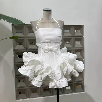 Vietnam Niche 25ss New Bow Puffy Fish Bone Ultra Short Cartoon Girls Lace-up Dress With Pumpkin Shorts