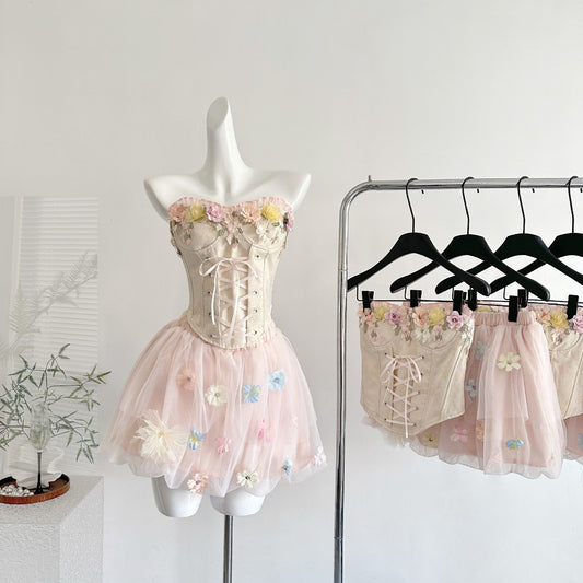 Temple Dream Flower House "Sweet Pure Desire Three-Dimensional Flower Puffy Skirt Off-Shoulder Fishbone Top Suit 2025 Summer