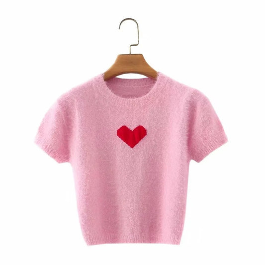 Sw103 New Autum Korean Style Slim Round Neck Heart Jacquard Plush Short-Sleeved Pullover Knitwear With Heart On The Chest