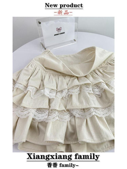 Apricot Cake Skirt High Waist A- Line Skirt Lace Stitching Short Puffed Cake Skirt