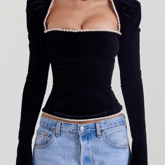 SOURCE Factory Cross-border Foreign Trade Women's Clothing Fashion Square Collar Velvet Top Sexy Backless Strap T-shirt Top Women's Fashion