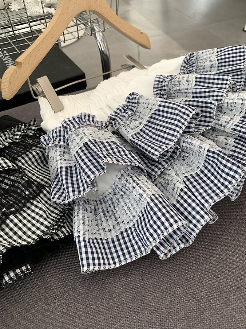 Omalai Plaid Cake Tutu Skirt High Waist Short Skirt Spliced With Lace Sweet And Cute Skirt 2376