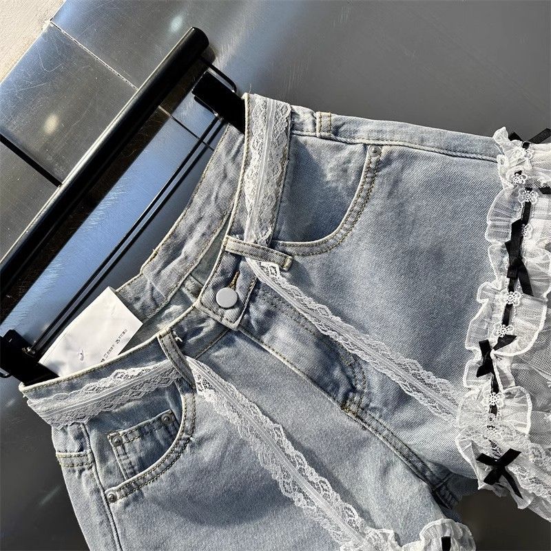 Spring And Summer 2025 New Lace Stitching Bow Decoration Denim Shorts Women's Slim-fit Slimming A- Shaped Wide-leg Hot Pants