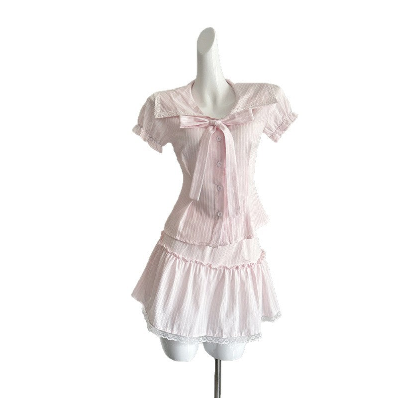 Love Summer Bow Lapel Waist Top Lace Skirt Summer Suit