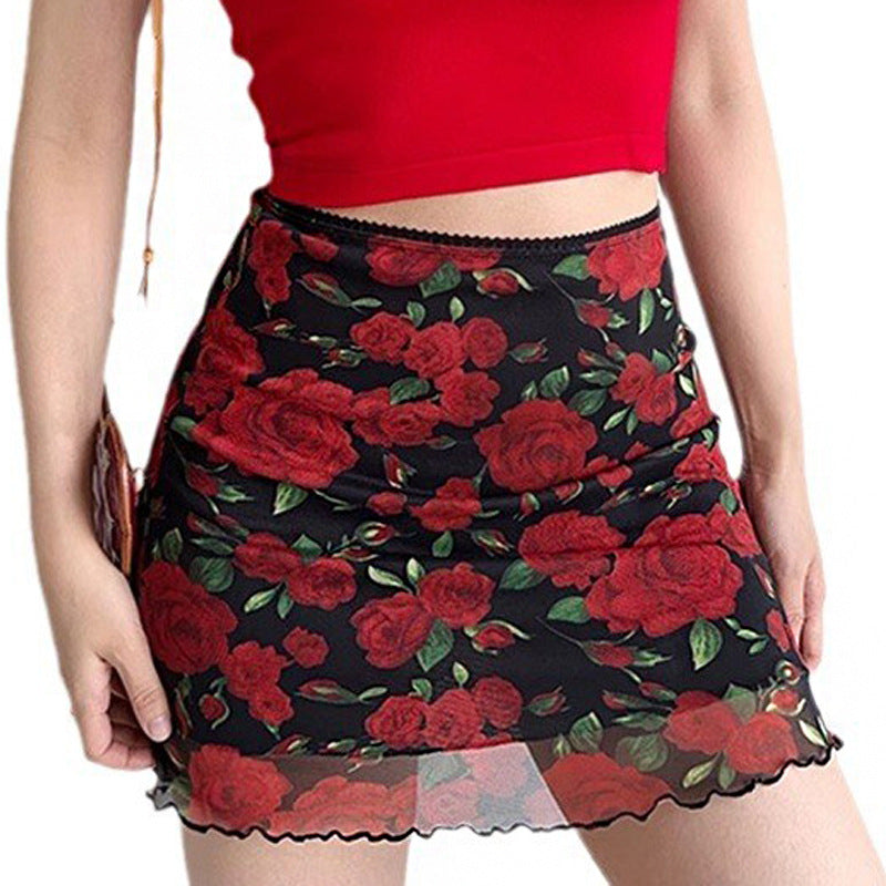 European And American Cross-Border Women's Summer New Red Rose Print Slim A-Line Skirt Pg2885