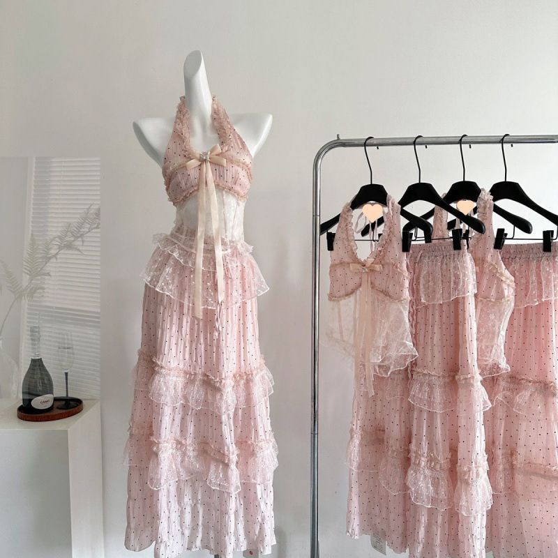 French Guava Style Sweet Sexy Pink Halterneck Suspender Dress For Women 2025 Spring And Summer New Slim Princess Dress