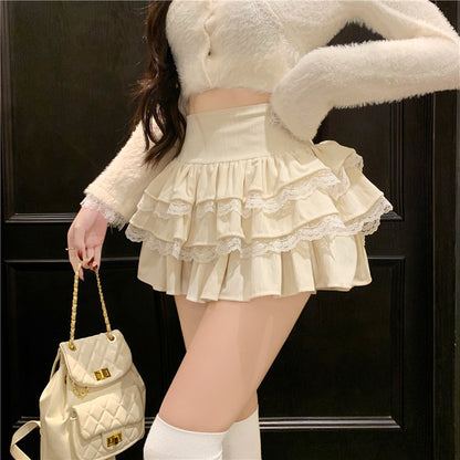 Pure Desire Lace Apricot Skirt Women's Autumn And Winter New High Waist Slim-fit Pengtu Skirt Anti-glare All-match Cake Skirt