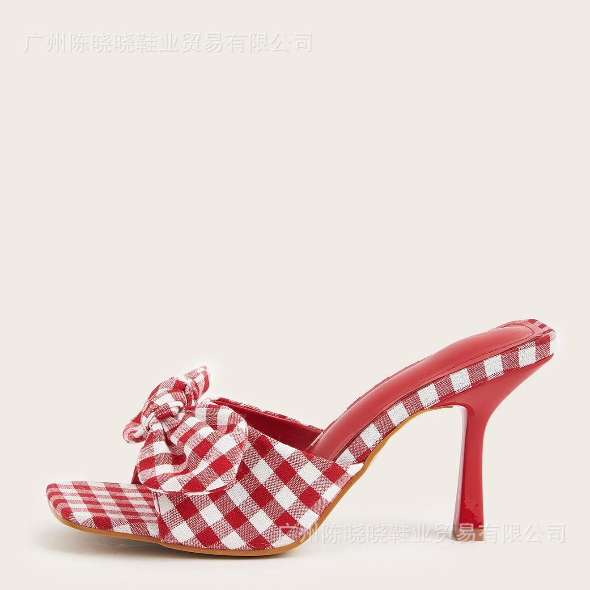 Red Plaid Spring And Summer Square Toe Big Bow Stiletto Heels