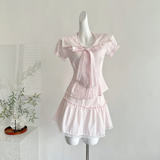 Love Summer Bow Lapel Waist Top Lace Skirt Summer Suit