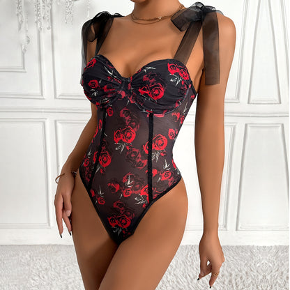 European And American Foreign Trade Fashion Hot Selling Independent Station Mesh Printing Sexy Flower Steel Ring Strap Jumpsuit 60776