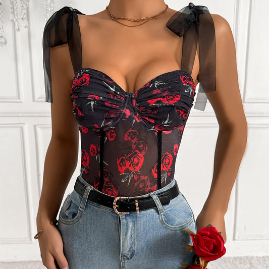 European And American Foreign Trade Fashion Hot Selling Independent Station Mesh Printing Sexy Flower Steel Ring Strap Jumpsuit 60776
