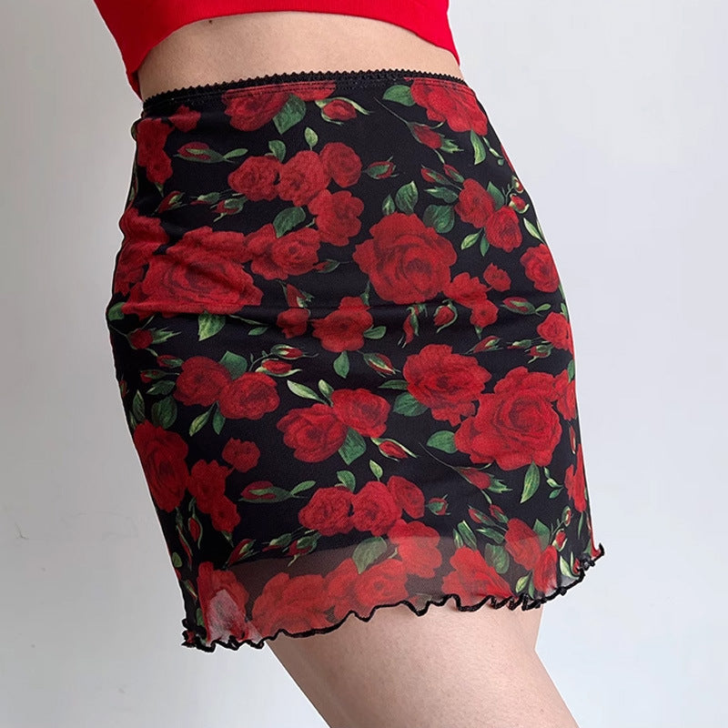European And American Cross-Border Women's Summer New Red Rose Print Slim A-Line Skirt Pg2885