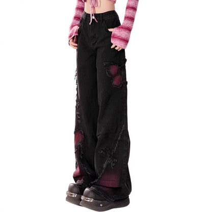 Black Sweet Cool Jeans Women's Spring And Autumn New Washed Old Woolen Wide Leg Pants Butterfly Pattern Design Sense Pants