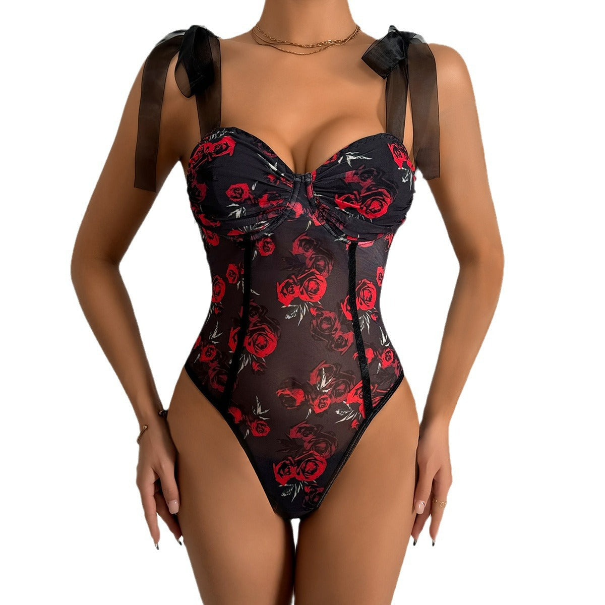 European And American Foreign Trade Fashion Hot Selling Independent Station Mesh Printing Sexy Flower Steel Ring Strap Jumpsuit 60776