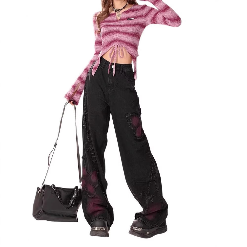 Black Sweet Cool Jeans Women's Spring And Autumn New Washed Old Woolen Wide Leg Pants Butterfly Pattern Design Sense Pants