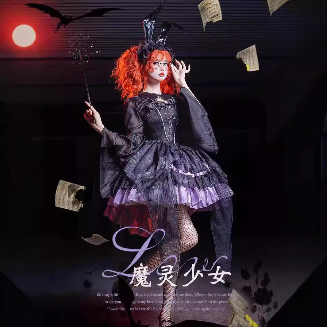 Brocade Garden Lolita Wansheng [Magic Spirit Girl] Slim Embroidery Gothic Style Purple Black JSK Garsena Waistner