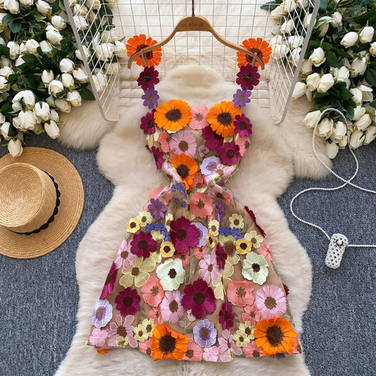 Foreign Trade Niche French Design Stereo Flower Mesh Embroider Waist Slim Suspender A-Line Dress Short Skirt