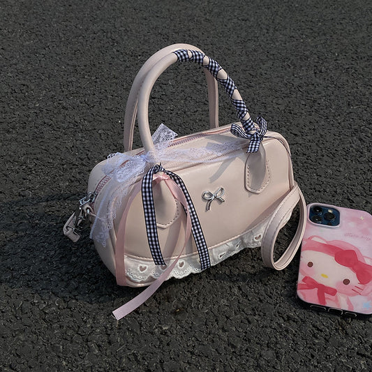 Handheld Ballet Style Trendy All-match Boston Bag Women's 2025 New Korean Style Fashionable Sweet Lace Shoulder Bag