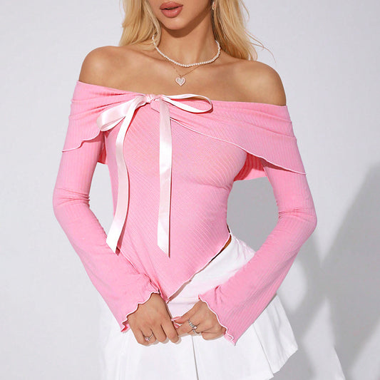 Savadica Q24TP438 European And American Spice Girls Off-shoulder Bow Decoration Asymmetrical Design Sense Slim T-shirt