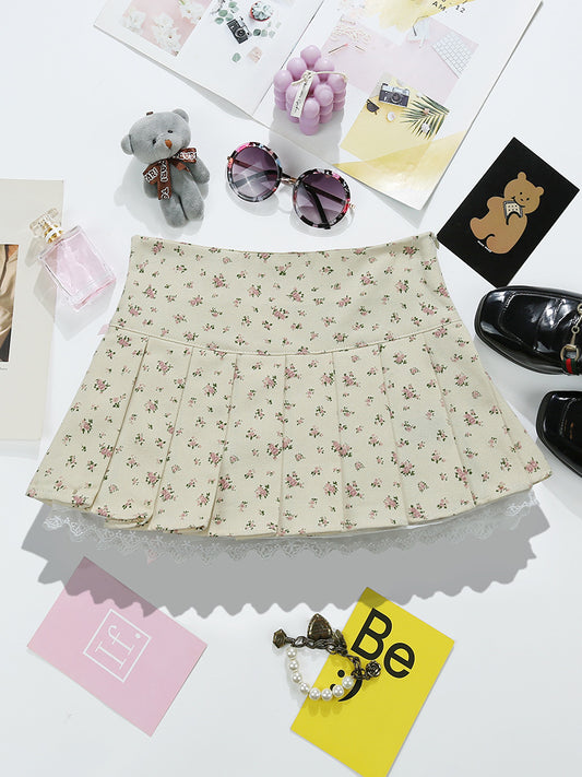 Pure Desire Style Little Man Floral Skirt Sweet Girl Lace-up Bow Short Skirt Anti-glare Pleated Overskirt 9372