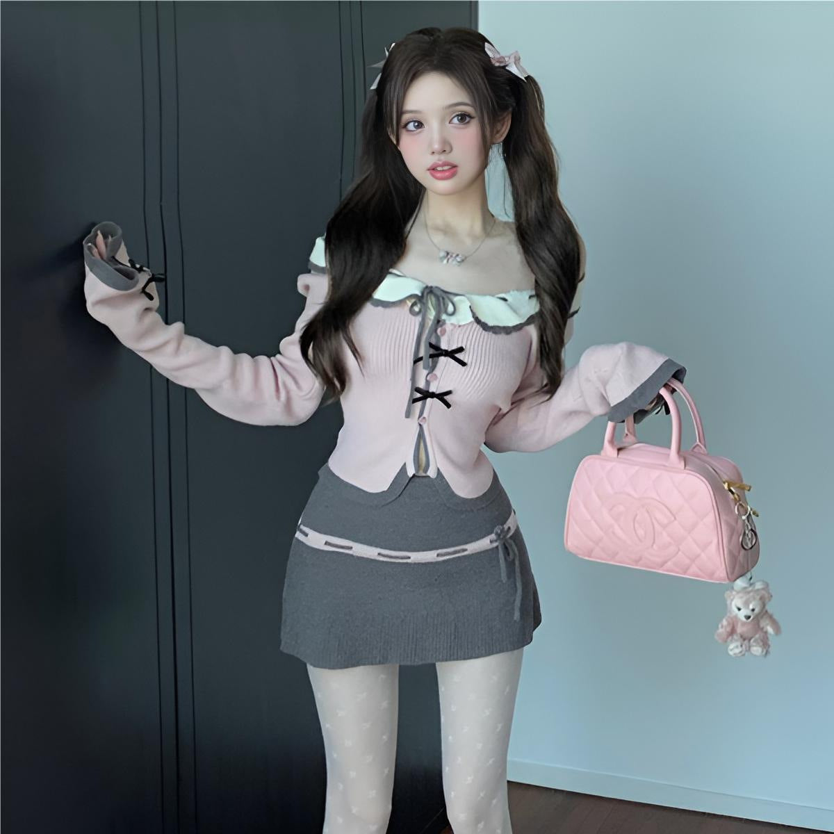 2024 Autumn Color Hanging Neck Knitted Cardigan Sweater Doll Collar Women's Autumn Sexy Spice Girls Lace-up Slim Fit Suit