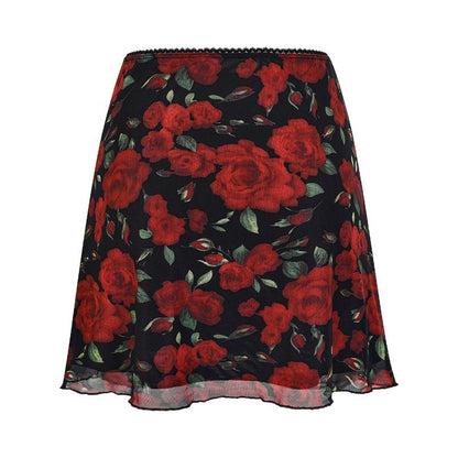 Summer All-match Design Sense American Style Retro High Waist A- Line Skirt Rose Short Wood-ear Edge Printed Half-length Skirt Trendy