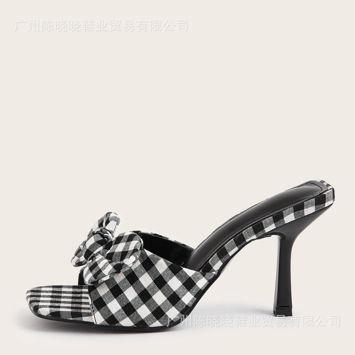 Black Plaid Spring And Summer Square Toe Big Bow Stiletto Heels