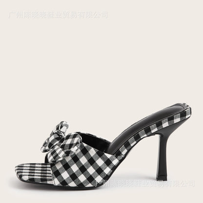 Black Plaid Spring And Summer Square Toe Big Bow Stiletto Heels