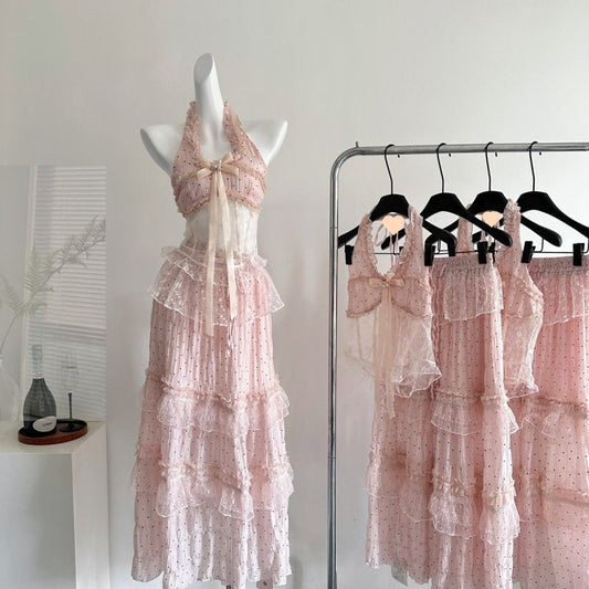 French Guava Style Sweet Sexy Pink Halterneck Suspender Dress For Women 2025 Spring And Summer New Slim Princess Dress