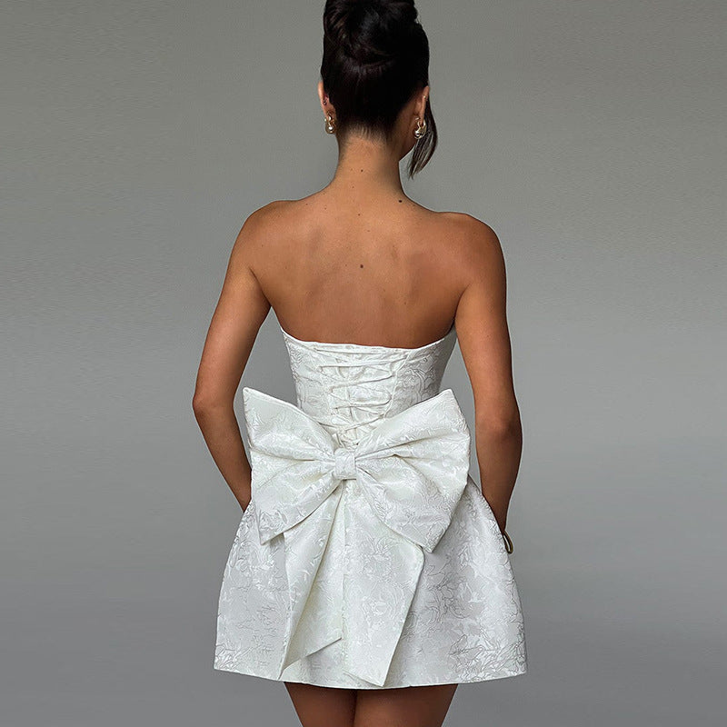 YJ24112 Summer 2024 New Fashion Style Elegant Sexy Jacquard Tube-shaped Bow Mini Dress Women