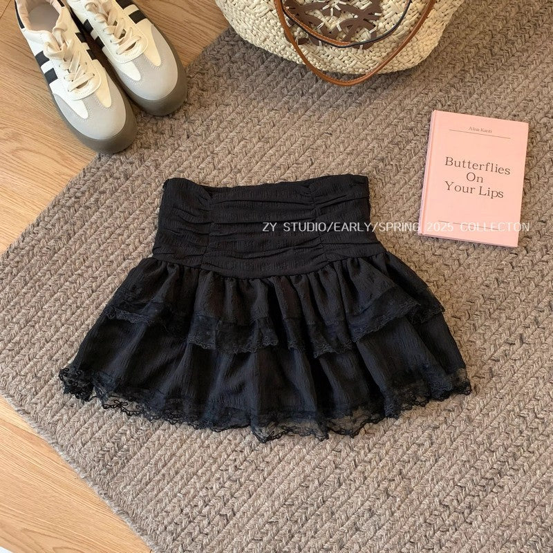 Ballet Style White Lace Cake Skirt Puffy Skirt Women's Summer A- Line Skirt Small Princess Short Skirt Women's
