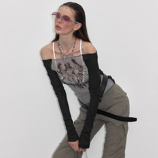 Y23TP642 European And American Cross-border Sexy Spice Girl Style Mesh Knitted Stitching Collar Printed Transparent Top Women's Clothing
