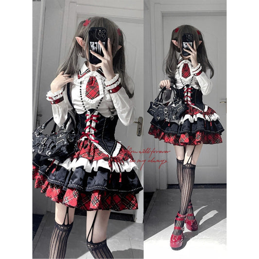 American Style Sweet And Spicy Sub-culture Style Heavy Industry Design Sense Contrast Shirt Belted High Waist Puffy Skirt Three-piece Set