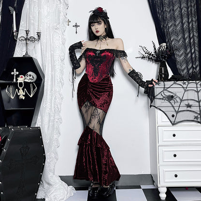 JY23585 Diablo Style New Sexy Perspective Spice Girl Long Dress Summer Elegant Suede Lace Stitching Women's Half Skirt