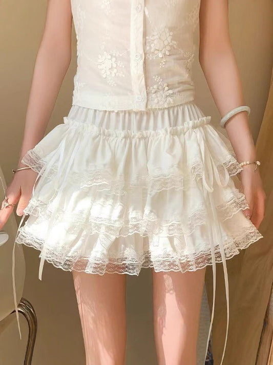 White Ballet Style Skirt For Women Spring And Summer New High-Waist Slim Lace Sweet Petite Fluffy Cake Skirt