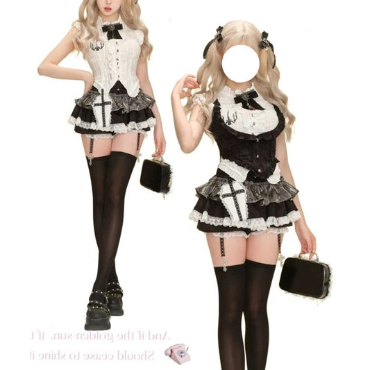Sweet And Cool College Style Suit For Women, Summer Cut Out Shirt, Waist Slimming Look Vest, Spliced ​​Lace Cake Skirt Three-Piece Set
