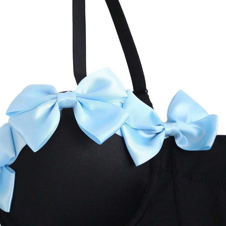 Light Blue Sweet Bow Decorative Cute Fresh Style Bra Inner Design Wearing Fish Bone Tube