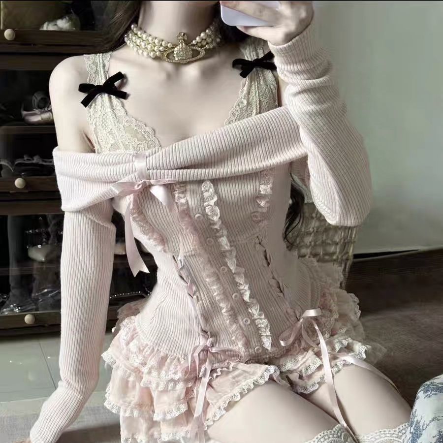Girls' Generation Girly Sweet And Fragrant Soft Shoulder-Length Long-Sleeved Knitwear Top Cake Skirt Suit