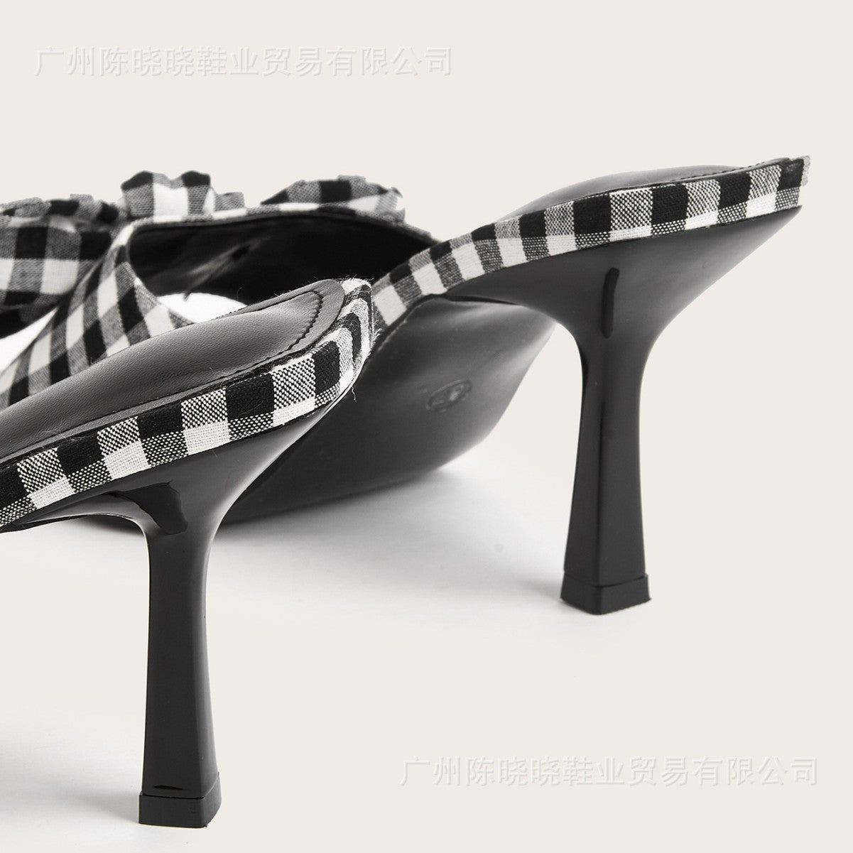 Black Plaid Spring And Summer Square Toe Big Bow Stiletto Heels